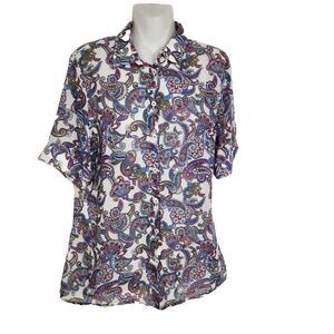 Milano Italy Women Blouse Size 38 Medium Multicolor Paisley Button Up Semi Sheer